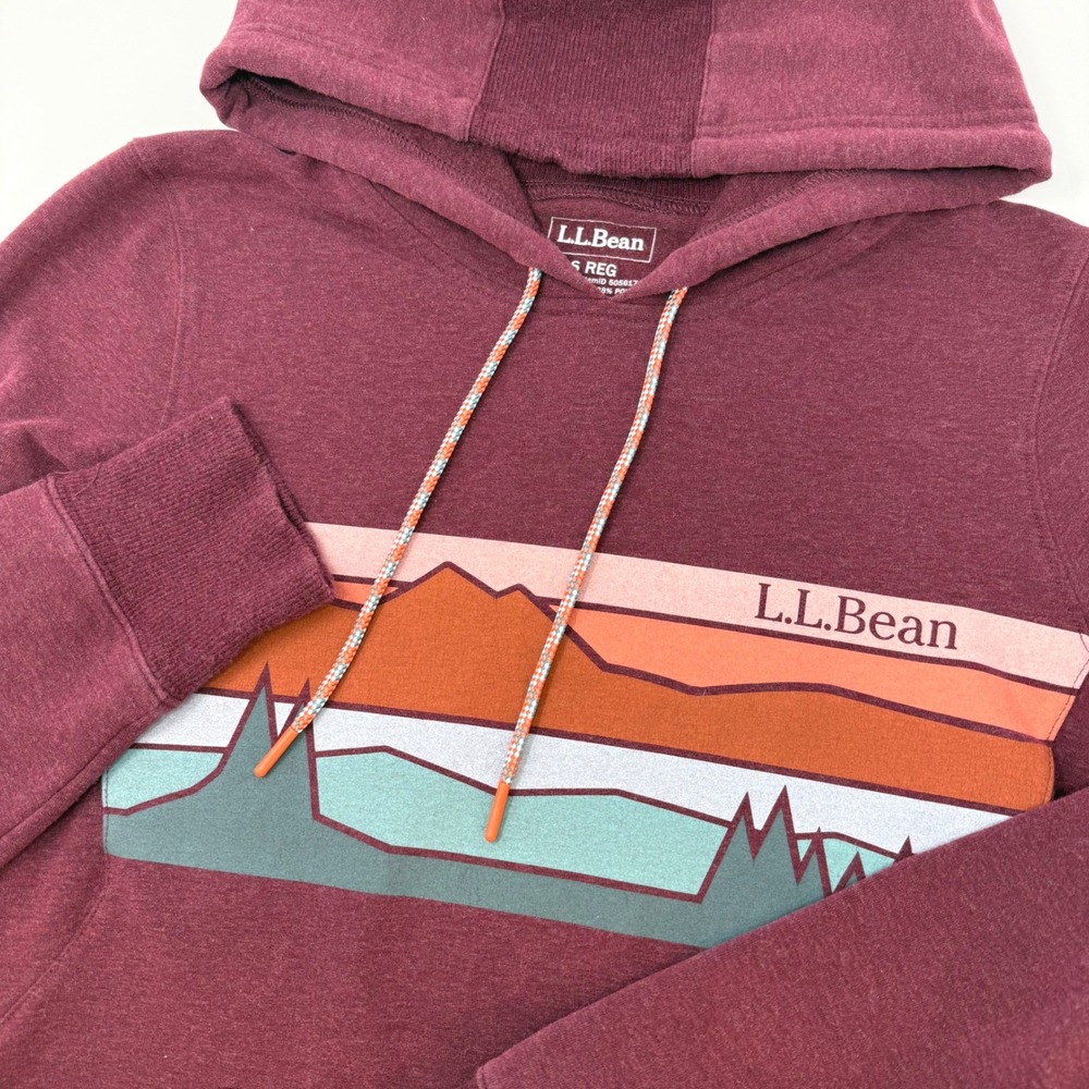 LL Bean Womens Small Maroon Mountain Graphic Hoodie Sweatshirt Maroon